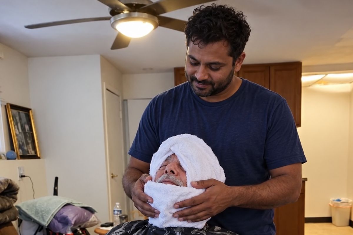 A barber places a warm towel on an older man's face before a beard trim at home.